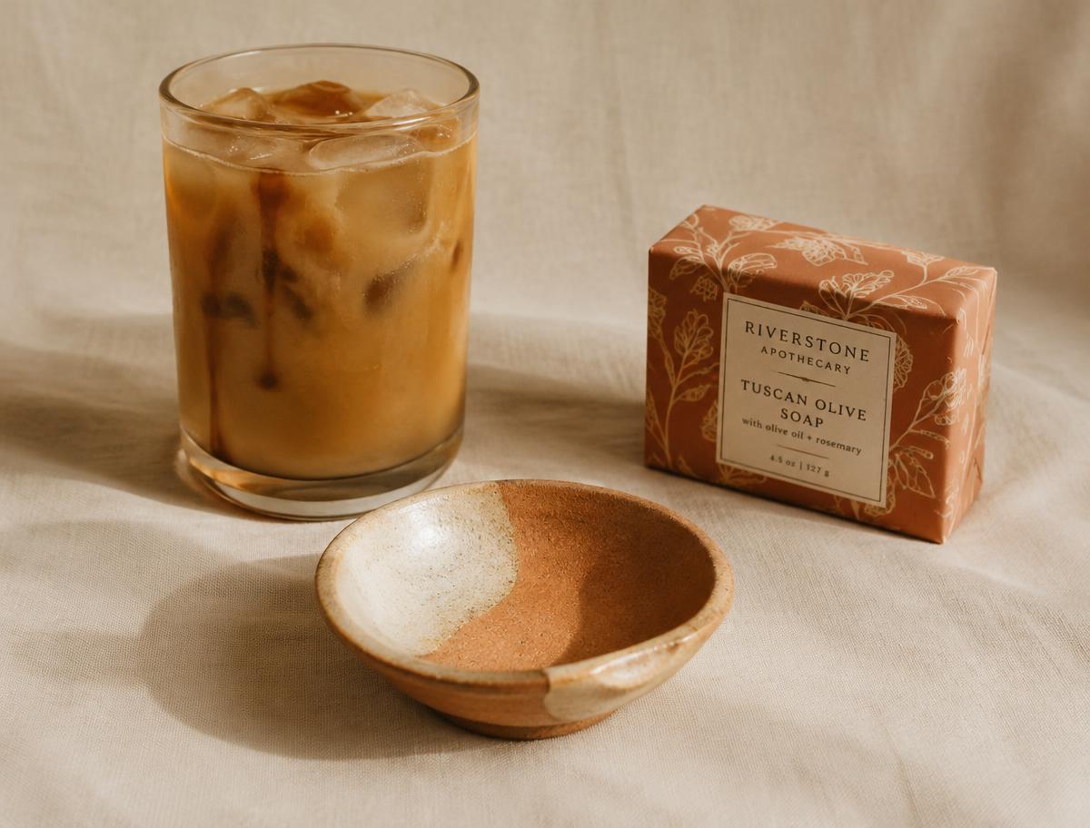 Signature iced drink beside a locally made item