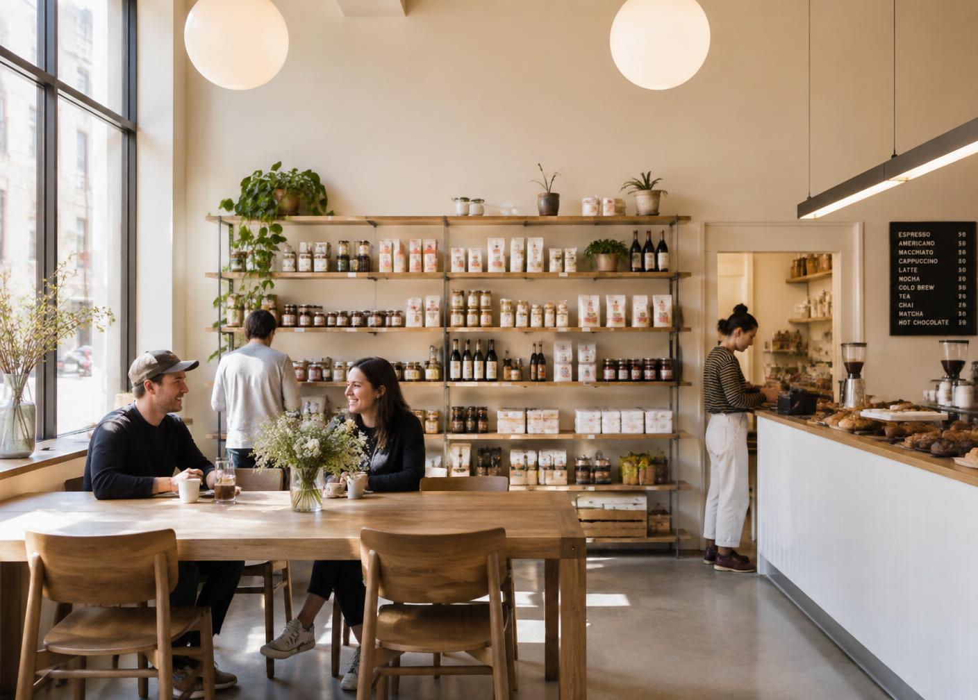 Bright interior with shelves of local goods